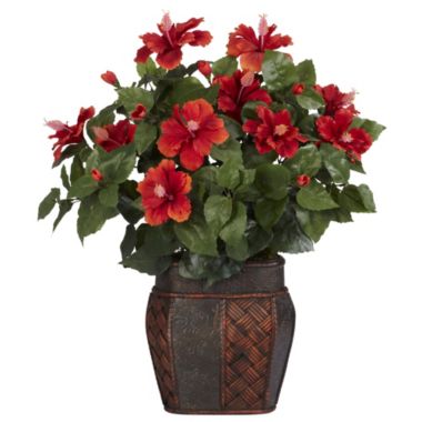Nearly Natural Hibiscus with Vase Silk Plant, Red. View a larger version of this product image.