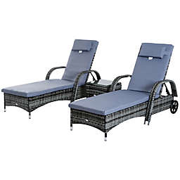 Outsunny 3 Pieces Patio Wicker Chaise Lounge Chair Set, Adjustable Outdoor PE Rattan Lounge Set of 2 with Armrests, Easy Moving Wheels & Padded Cushions, Grey