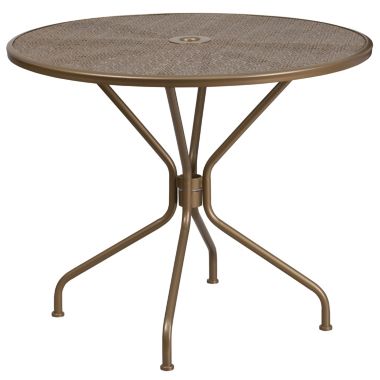Flash Furniture Oia Commercial Grade 35.25" Round Gold Indoor-Outdoor Steel Patio Table with Umbrella Hole. View a larger version of this product image.