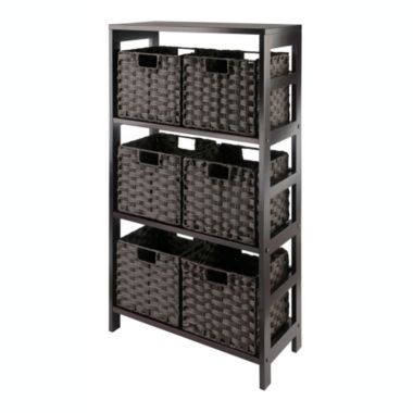 Winsome Leo 7-Pc 3-Tier Wide Shelf Storage with 6 Small Foldable Woven Baskets - Espresso and Chocolate. View a larger version of this product image.