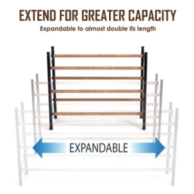Juvale 3-Tier 18 Pair Shoe Rack Organizer for Entryway Closet Floor, 24-45 inch Expandable, Black & Oak Grain Metal. View a larger version of this product image.