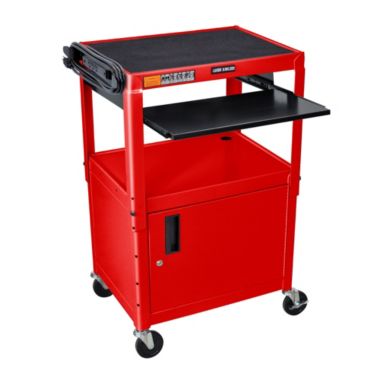 Luxor Adjustable Height Red Metal A/V Cart with Pullout Keyboard Tray and Cabinet. View a larger version of this product image.