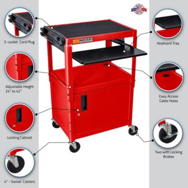 Luxor Adjustable Height Red Metal A/V Cart with Pullout Keyboard Tray and Cabinet. View a larger version of this product image.