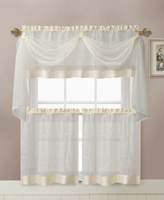 Kate Aurora Living Complete 4 Piece Linen Leaf Embroidered Complete Kitchen Curtain Set - 58 in. W x 36 in. L, Beige