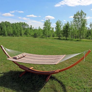 Sunnydaze Quilted Double Fabric 2-Person Hammock with Curved Arc Wood Stand - 400 lb Weight Capacity/13' Stand - Sandy Beach. View a larger version of this product image.