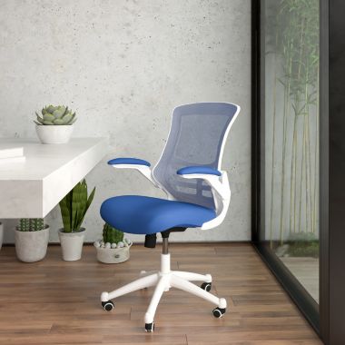 Flash Furniture Kelista Mid-Back Blue Mesh Swivel Ergonomic Task Office Chair with White Frame and Flip-Up Arms. View a larger version of this product image.