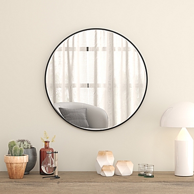 Emma and Oliver Black 30" Round Metal Wall Mounted Mirror with Oxidized Finish for a Distressed Look, 4mm Silvered Back and Anti-Shatter Safety Film. View a larger version of this product image.