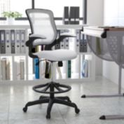 Flash Furniture Kale Mid-Back White Mesh Ergonomic Drafting Chair with Adjustable Foot Ring and Flip-Up Arms