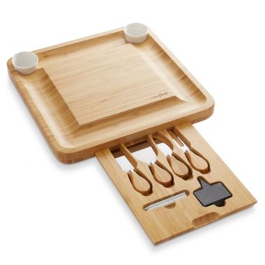 Casafield Bamboo Cheese Board Gift Set - Organic Charcuterie Platter Serving Tray for Meat, Fruit & Crackers - Includes 2 Ceramic Bowls, 4 Stainless Steel Knives, Slate Labels, and Chalk. View a larger version of this product image.