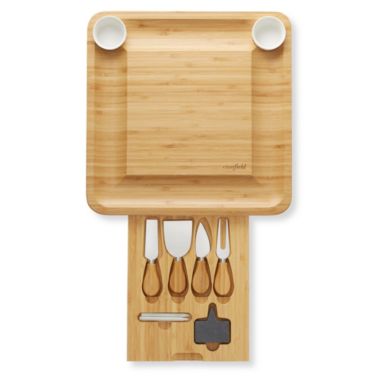 Casafield Bamboo Cheese Board Gift Set - Organic Charcuterie Platter Serving Tray for Meat, Fruit & Crackers - Includes 2 Ceramic Bowls, 4 Stainless Steel Knives, Slate Labels, and Chalk. View a larger version of this product image.