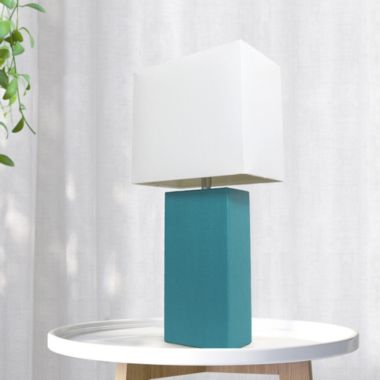 Lalia Home Lexington 21" Leather Base Modern Home Decor Bedside Table Lamp For Living Room, Bedroom, Entryway, Foyer, Or Office With White Rectangular Fabric Shade, Teal. View a larger version of this product image.