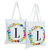 Okuna Outpost Set of 2 Reusable Monogram Letter L Personalized Canvas Tote Bags for Women, Floral Design (29 Inches)