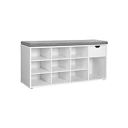 VASAGLE Shoe Bench, Storage Bench with Drawer and Open Compartments, Shoe Shelf, Padded Seat, for Entryway, Living Room, Bedroom, White and Gray