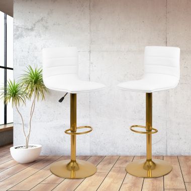 Flash Furniture Vincent Modern White Vinyl Adjustable Bar Stool with Back, Counter Height Swivel Stool with Gold Pedestal Base, Set of 2. View a larger version of this product image.