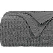 PiccoCasa 100% Cotton Thermal Breathable Blanket Queen Size Soft Lightweight Knit Throw Blanket Waffle Weave Home Decors Knitted Blanket for Couch, Bed, Sofa, Travel,90 x 90 Inches,Dark Grey