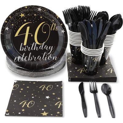 Decorations and Tableware for 24 Happy Birthday Creative Converting Black/Gold Glitter 40th Birthday Party Supplies Pack 