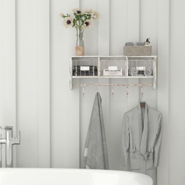 Flash Furniture Daly Wall Mounted 24 Inch Solid Pine Wood Coat Rack with Upper Shelf, Hanging Hooks, and Wire Baskets For Entryway, Kitchen, Bathroom in Whitewashed. View a larger version of this product image.