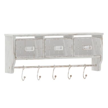 Flash Furniture Daly Wall Mounted 24 Inch Solid Pine Wood Coat Rack with Upper Shelf, Hanging Hooks, and Wire Baskets For Entryway, Kitchen, Bathroom in Whitewashed. View a larger version of this product image.