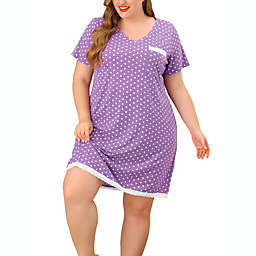 Agnes Orinda Women's Plus Size Nightgown Polka Dots Dress Short Sleeve Sleepwear Pajamas Nightgowns, Leisure Polyester Round Neck Babydoll Sleepwear Cami Dress, 3X Purple