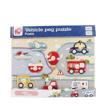 Leo & Friends Vehicle Peg Puzzle for 24-Months+ Unisex Toddler Puzzle, Comes with 10-Pieces, Features Planes, Boats, Cars, Buses & More Perfect Educational Gift, Made with 100% Premium Non-Toxic Wood. View a larger version of this product image.