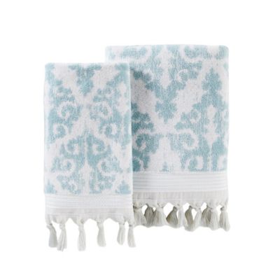 Saturday Knight Ltd Mirage Fringe Reversible Bath Hand Towel Set - 2 Piece - 16x26", Aqua. View a larger version of this product image.