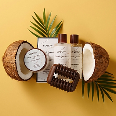 Coconut Jasmine Luxury Bath and Body Set - Home Spa Self Care Kit with Massager. View a larger version of this product image.