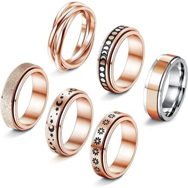 GoodMerchan - Men and Women's Stainless Steel Spinner Ring Set - 6 Pack - Relieve Stress with Spinner Rings. View a larger version of this product image.