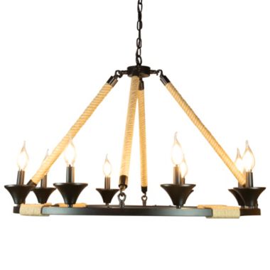 Canyon Home Hinnes Gothic Wagon Wheel Light Fixture with 8 Bulb Overhead Lighting and Vintage Rope Decor for Home, Living or Dining Room, Foyer, or Entryway, Dimmable Options. View a larger version of this product image.