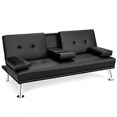 Costway Convertible Folding Leather Futon Sofa with Cup Holders and Armrests-Black. View a larger version of this product image.