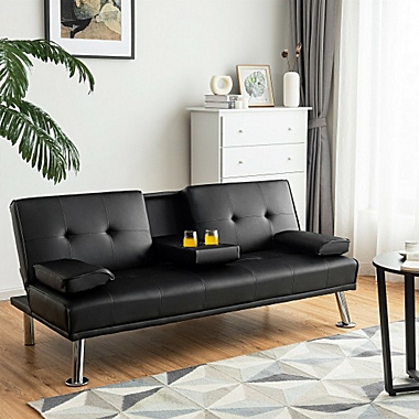 Costway Convertible Folding Leather Futon Sofa with Cup Holders and Armrests-Black. View a larger version of this product image.
