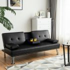 Alternate image 1 for Costway Convertible Folding Leather Futon Sofa with Cup Holders and Armrests-Black