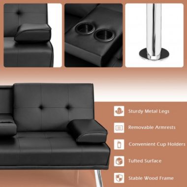 Costway Convertible Folding Leather Futon Sofa with Cup Holders and Armrests-Black. View a larger version of this product image.