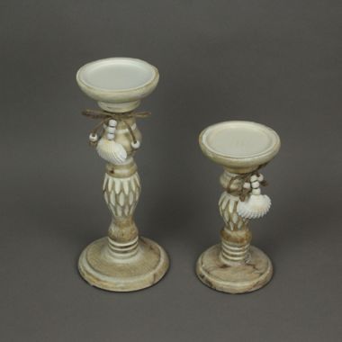 Things2Die4 Set of 2 Wood Pedestal Candle Holder Rustic White Washed Pillar With Sea Shells. View a larger version of this product image.