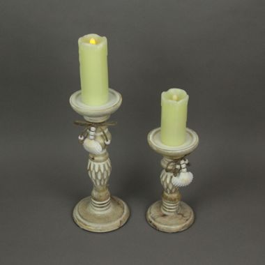 Things2Die4 Set of 2 Wood Pedestal Candle Holder Rustic White Washed Pillar With Sea Shells. View a larger version of this product image.