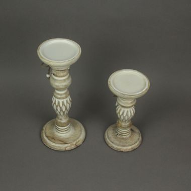 Things2Die4 Set of 2 Wood Pedestal Candle Holder Rustic White Washed Pillar With Sea Shells. View a larger version of this product image.
