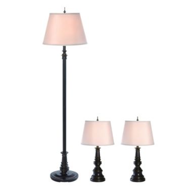 Lalia Home Homely Oxford Classic 3 Piece Metal Lamp Set (2 Table Lamps, 1 Floor Lamp) For Living Room, Bedroom, Home Decor With Tan Tapered Drum Fabric Shades And Restoration Bronze Finish. View a larger version of this product image.