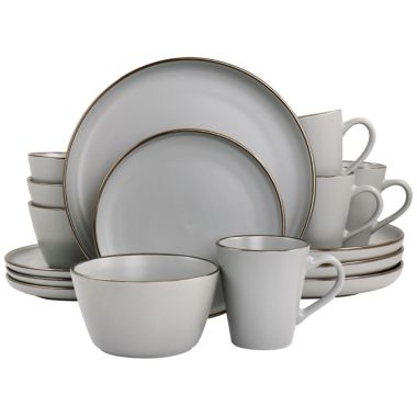 Elama Louis 16 Piece Stoneware Dinnerware Set in Matte Slate with Gold Rim. View a larger version of this product image.