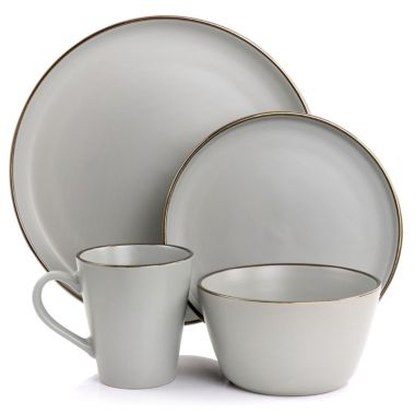 Elama Louis 16 Piece Stoneware Dinnerware Set in Matte Slate with Gold Rim. View a larger version of this product image.