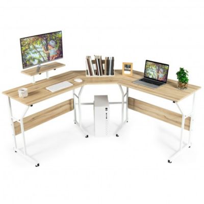 Costway 88.5 Inch L Shaped Reversible Computer Desk Table with Monitor Stand-Oak