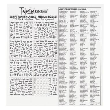 Talented Kitchen 375 Preprinted Kitchen Labels for Pantry Containers, Preprinted Black Script on Clear Stickers + Expiration Date + Numbers for Food Storage. Organization Canisters and Jars (Water Resistant). View a larger version of this product image.