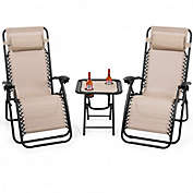 Costway 3 Pieces Folding Portable Zero Gravity Reclining Lounge Chairs Table Set-Beige