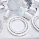 Alternate image 1 for Blue Panda 150 Piece Silver Polka Dots Paper Plates and Cups, Disposable Dinnerware Set for Silver Party Decorations (Serves 50)