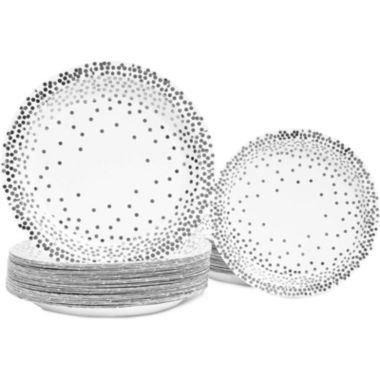Blue Panda 150 Piece Silver Polka Dots Paper Plates and Cups, Disposable Dinnerware Set for Silver Party Decorations (Serves 50). View a larger version of this product image.