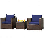 Costway 3 Pcs Patio Conversation Rattan Furniture Set with Cushion-Blue