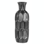 Urban Trends Collection Ceramic Round Vase with Short Neck and Embossed Hexagonal Design Body SM Distressed Finish Silver
