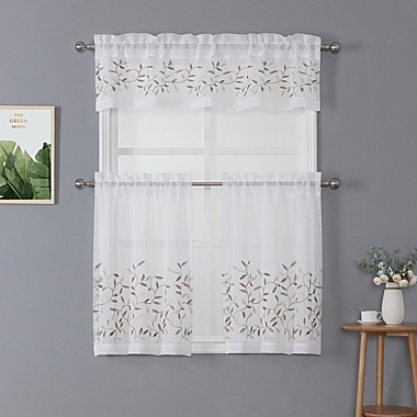 Kate Aurora Shabby Sheer Embroidered Complete 3 Piece Floral Rod Pocket Cafe Kitchen Curtain Tier & Valance Set - White. View a larger version of this product image.