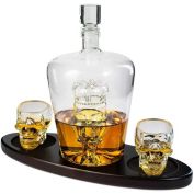 Skull Crown Decanter in Bottle Skull Head with 2 Skull Glasses by The Wine Savant 750ml, Skull Bottle Whiskey, Tequila, Bourbon Scotch or Rum - Halloween - Great For Any Bar!