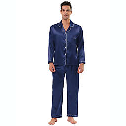 TATT 21 Men's Satin Pajama Sets Long Sleeves Button Down Nightwear Sleepwear Blue L