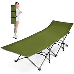 Slickblue Folding Camping Cot with Side Storage Pocket Detachable Headrest-Green
