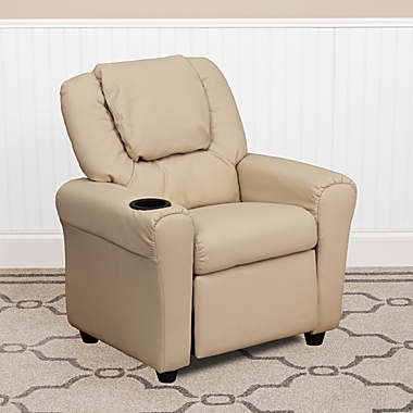 Flash Furniture Vana Contemporary Beige Vinyl Kids Recliner with Cup Holder and Headrest. View a larger version of this product image.